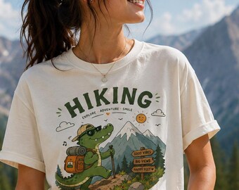 Retro Hiking Crocodile PNG | Mountain Adventure Alligator Graphic (Sublimation Design)