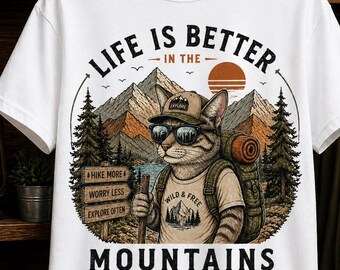 Hiking Cat T-Shirt, Mountain Adventure Graphic, Vintage Outdoor Apparel PNG