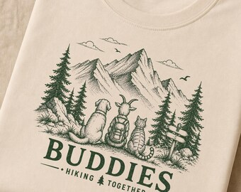 Cat Dog Hiking Buddies Mountain Adventure PNG | Vintage Nature Lover Graphic (Digital Download)
