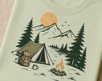 Mountain Camping Adventure PNG, Sunset Tent Campfire Clipart (Digital Download)