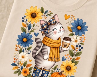 Przytulny jesienny kot PNG, clipart z dynią kawową i kwiatami (pobieranie cyfrowe)