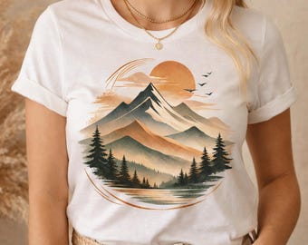 Akwarela górski zachód słońca PNG, vintage'owy klipart przyrodniczy, projekt krajobrazu boho (pobranie cyfrowe)