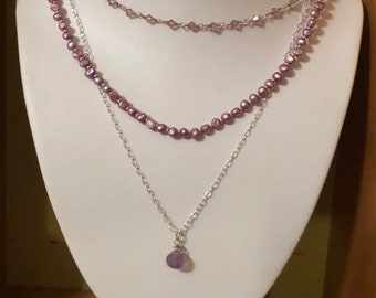 Lilac and Silver Triple Strand Layered Necklace with Light Amethyst Swarovski Crystals, Lilac Pearls, Silver Chain with Pink Amethyst Drop