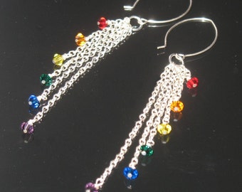 Rainbow Crystals on Sterling Silver Chain PRIDE Handmade Tassle Earrings