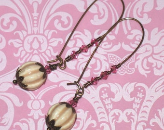 Cream Melon Ceramic Beads with Pink Swarovski Crystals on Antique Brass Elongated Kidney Earwires