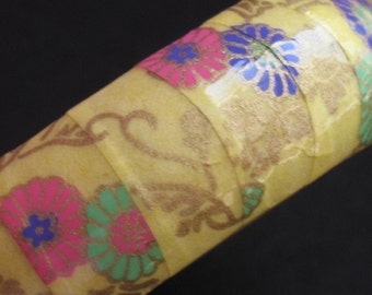 Pink and Blue Chrysanthemums on Yellow Washi Paper Decoupaged Wooden Bangle Bracelet