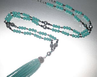 Turquoise with Silver and Black Crystal and Glass Long Beaded Tassel Necklace