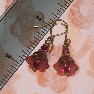 Dark Rose Lucite Flowers with Swarovski Crystals on Antique Brass Earrings image 3