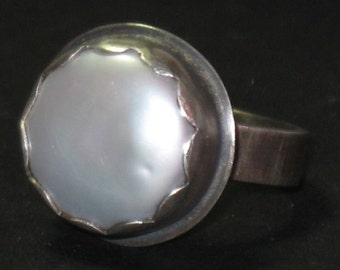 White Coin Pearl Set in Oxidized Sterling Silver Ring