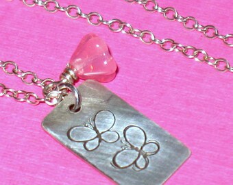 Butterfly Stamped Silver Tag and Flower Charm on Sterling Silver Chain Handmade Necklace