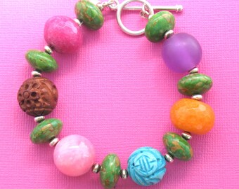 Colorful Chunky Stone, Wood, and Resin Handmade Beaded Bracelet Green Pink Turquoise