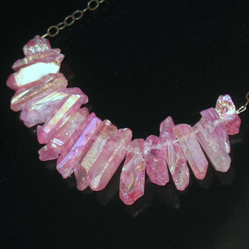 Pink Crystal Gemstone Fan Bar Bib Necklace on Oxidized Sterling Silver Chain image 3