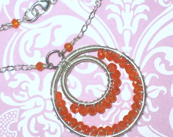 Carnelian and Sterling Silver Wire Wrapped Double Circle Pendant Handmade Necklace, Orange Gemstone Necklace