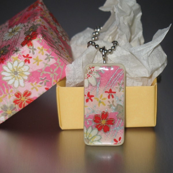 Decoupage Domino Tile Handmade Necklace, Pink Washi Paper Domino Pendant on Ball Chain Necklace in Matching Origami Box