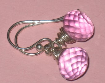 Little Faceted Pink Amethyst Drops Wrapped in Sterling Silver  Short Dangle Earrings