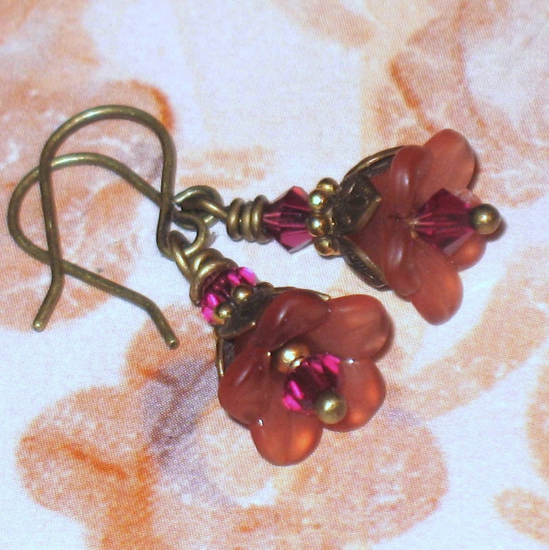 Dark Rose Lucite Flowers with Swarovski Crystals on Antique Brass Earrings image 1