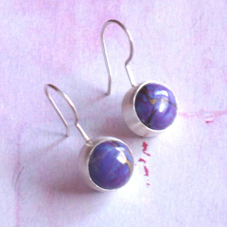 Mohave Purple Turquoise Round Cabochon Sterling Silver Drop Earrings image 1