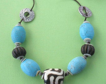 Turquoise with Batik Bone and Wood on Linen Cord Chunky Beaded Necklace