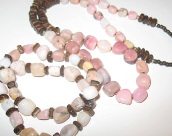 Pink Opal and Wood Beaded Long Necklace and Stretch Bracelet Set