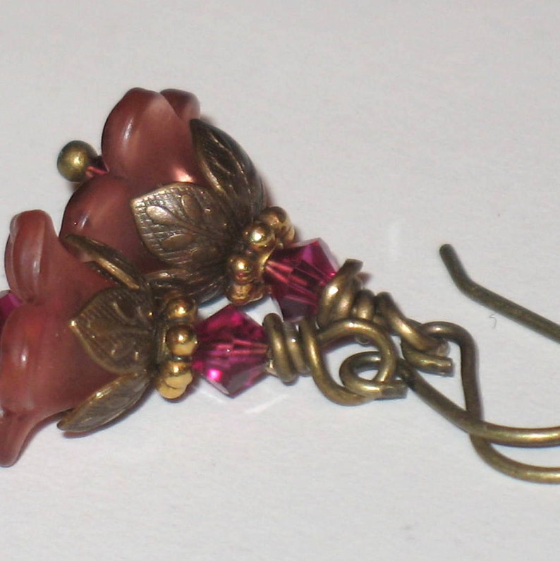 Dark Rose Lucite Flowers with Swarovski Crystals on Antique Brass Earrings image 4