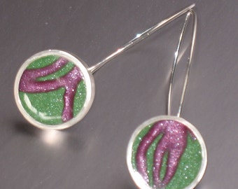 Green and Purple Circles on Marquis Earwiire Sterling Silver and Polymer Clay Earrings