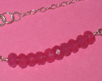 Fuchsia Chalcedony Faceted Bead Bar on Sterling Silver or Gold Filled Chain, Fuchsia Gemstone Bar  Necklace