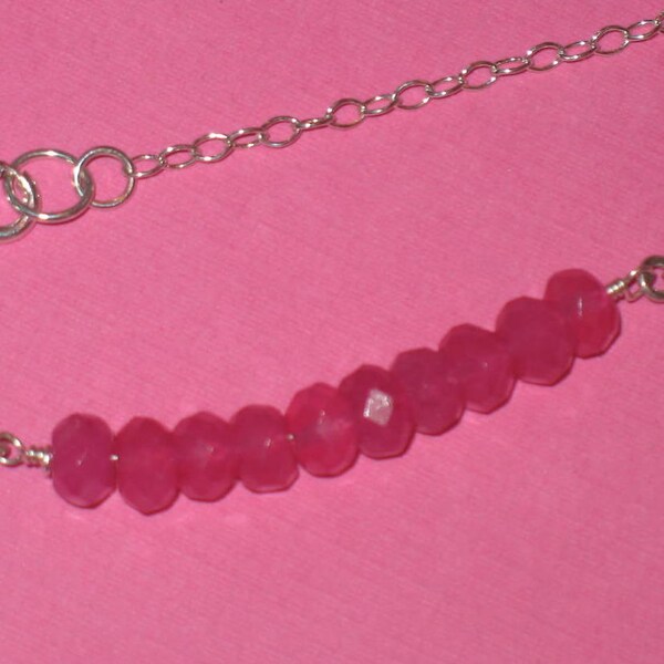 Fuchsia Chalcedony Faceted Bead Bar on Sterling Silver or Gold Filled Chain, Fuchsia Gemstone Bar  Necklace