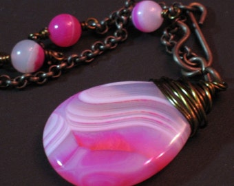 Large Pink Striped Agate Drop Pendant on Antique Brass Chain Asymmetrical Necklace