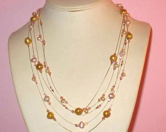 Pink and Gold 5 Strand Illusion Necklace with Pearls, Swarovski Crystals, and Czech Glass