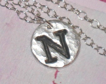 Initial Stamped Fine Silver Coin Pendant on Sterling Silver Chain, Monogram Coin Pendant