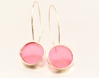 Transparent Pink Resin Filled Sterling Silver Circles on Marquise Earwires, Handmade Earrings