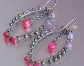 Amethyst and Rubies on Oxidized Sterling Silver Wire Wrapped Marquis Earings