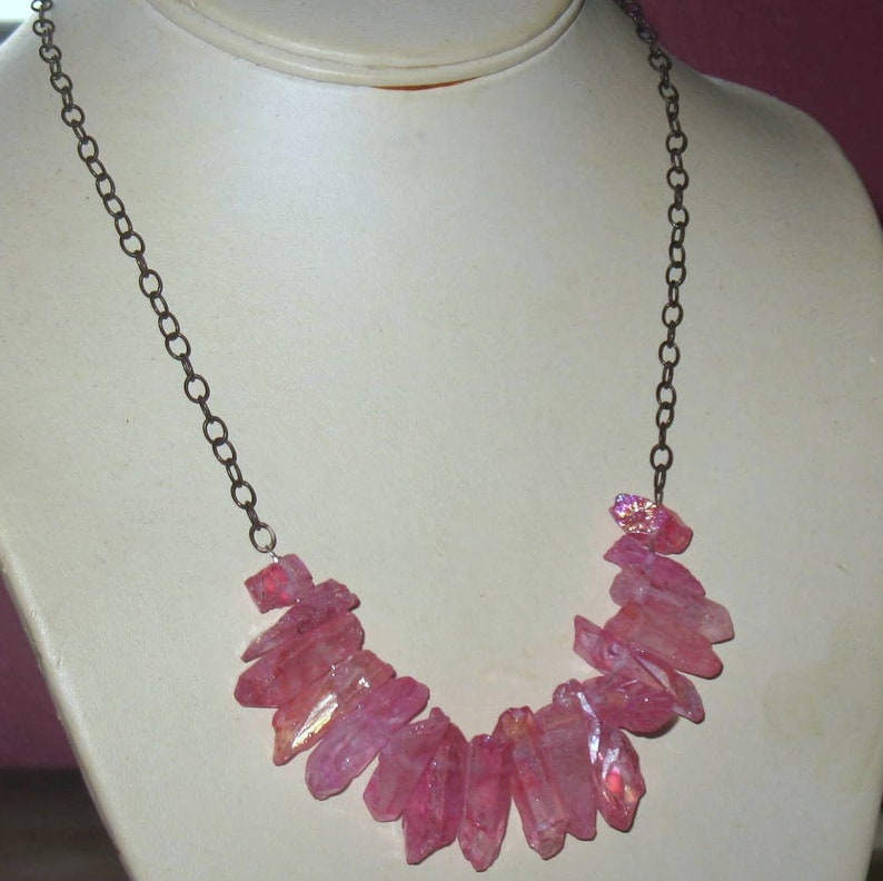 Pink Crystal Gemstone Fan Bar Bib Necklace on Oxidized Sterling Silver Chain image 1