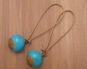 Turquoise with Antique Brass Handmade Earrings, Turquoise Bead on Elongated Kidney Earwires