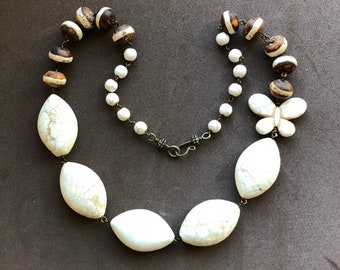 White Magnesite with Brown and White Etched Agate Beaded Necklace
