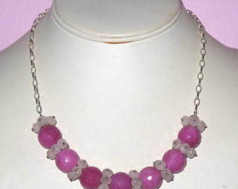 Pink on Pink Gemstone Necklace - Rose Quartz Clusters between Raspberry Jade Beads on Sterling Silver Chain  Necklace