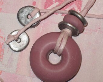 Mauve Donut Pendant  with Silver Disks on Pink Silk Cord Adjustable Handmade Necklace