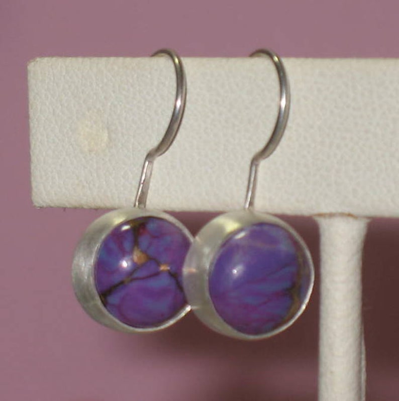 Mohave Purple Turquoise Round Cabochon Sterling Silver Drop Earrings image 2