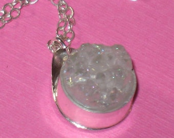 Iridescent White Druzy Small Round Bezel Set Pendant on Sterling Silver Chain Handmade Necklace
