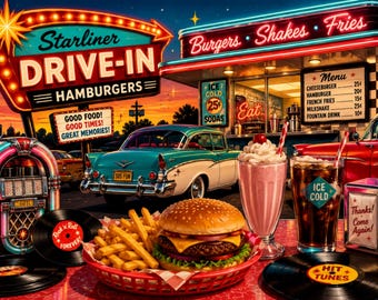Retro 1950s Drive-In Diner Canvas