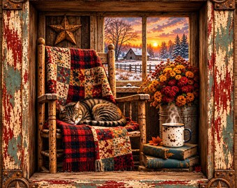Cozy Country Slumbering Cat Autumn Scene Canvas