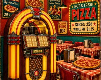 Retro Diner Pizza Scene Canvas | Vintage Jukebox Pizzeria Wall Art