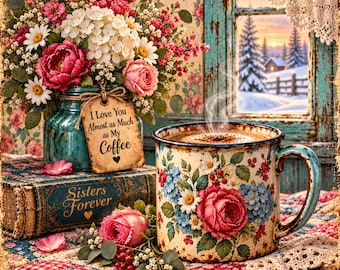 Sisters Forever Vintage Floral Coffee Mug Canvas | Stretched Matte Wall Art
