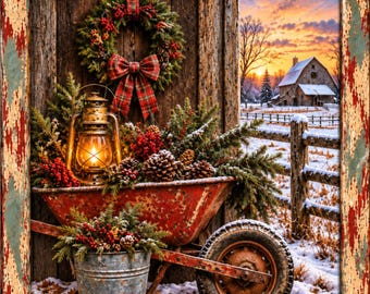 Rustic Winter Farmhouse Wheelbarrow Scene matte canvas