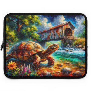 May include: A large tortoise walks along a stream bank in front of a rustic wooden bridge. The bridge is painted in shades of blue and green, and the scene is set against a backdrop of lush green trees and a blue sky with fluffy white clouds.