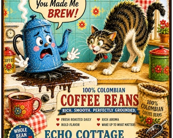 Vintage Cat & Spilled Coffee Illustration Matte Canvas