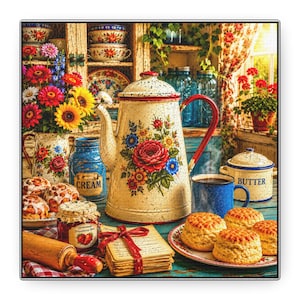 May include: A cream-coloured speckled enamel coffee pot with a floral design sits on a table alongside a blue mug, a jar labelled cream, a butter crock, a stack of handwritten notes, a rolling pin, a plate of scones, and a vase of colourful flowers.