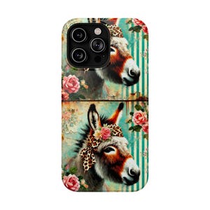 May include: A phone case with a colourful design featuring two donkeys with floral headbands and a striped background. The case has a cutout for the phone's camera.