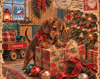 Vintage Dachshund Christmas Stamp Canvas | Stretched Matte Holiday Wall Art