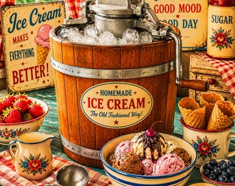 Vintage Homemade Ice Cream Illustration Matte Canvas